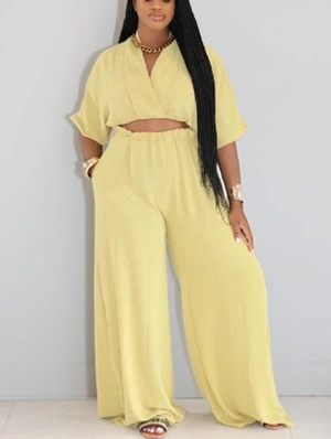 Loose Wrap V Neck Cropped Wide Leg Pant Sets