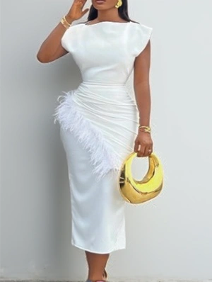 Ruched Fuzzy Trim Fitted Split Hem Maxi Dress