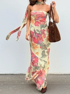 Floral Scarf Ribbons Fitted Strapless Maxi Dress