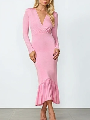 Ruched V Neck Satin Patchwork Maxi Dress