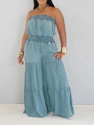 Smocked Denim Sleeveless Wide Leg Jumpsuits