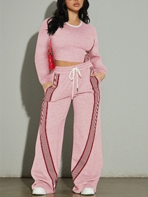 Colorblock Striped Trim Cropped Straight Pant Sets