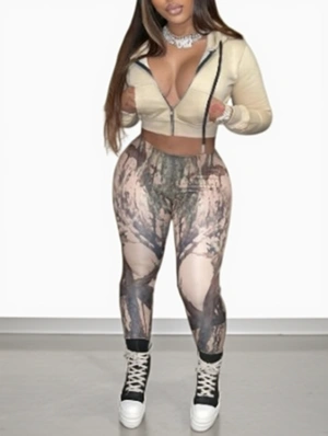 Solid Hooded Branch Print Fitted Pant Sets