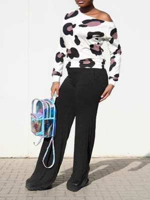 Inclined Shoulder Leopard Casual Pant Sets