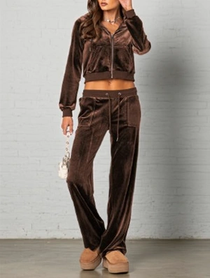 Plain Velour Bare Waist Hooded Casual Pant Sets