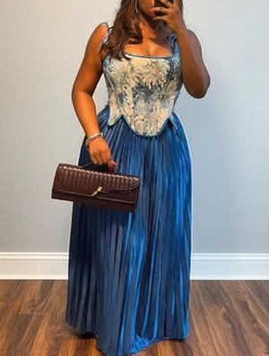 Floral Lace-Up Tank Pleated A-line Skirt Sets