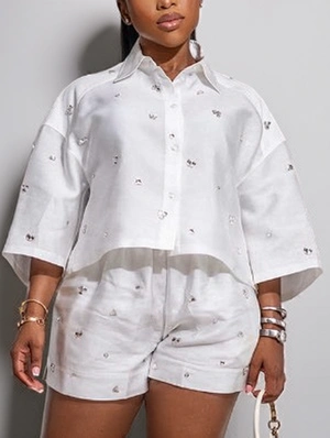 Beading Cropped Loose Shirt Short Sets