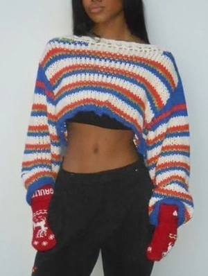 Colorblock Striped Cropped Woolen Sweater