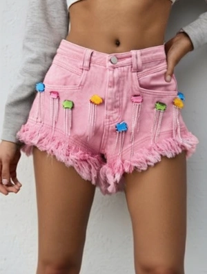 Rhinestone Jewel Decor Raged Hem Denim Shorts