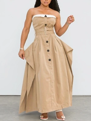 Colorblock Strapless Buckle Swing Maxi Dress