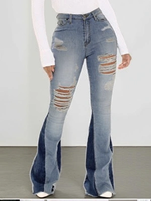 Washed Denim Bodycon Flare Leg Ripped Jeans