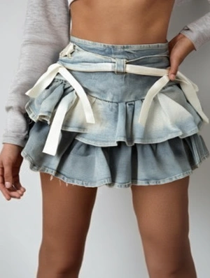 Bow Lace-Up Ruffle Denim Tiered Skirts