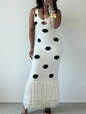 Knitted Dots Hollow-out Sleeveless Fringe Maxi Dress