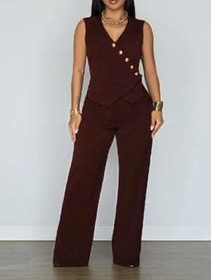 Irregular V Neck Button Up Vest Pant Sets