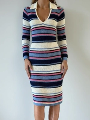 Knitted Colorblock Striped V Neck Lapel Midi Dress