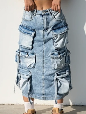 Denim Multi Pocket Split Hem Cargo Skirts