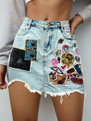 Embroidery Denim Raged Hem A-line Skirts