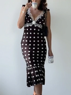 Polka Dots Lace Detail V Neck Backless Midi Dress