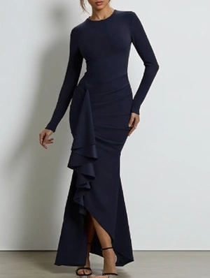 Solid Pleated Long Sleeve Maxi Dress