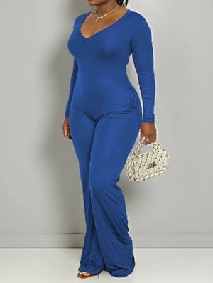 Long Sleeve V Neck Bodycon Flared Jumpsuits