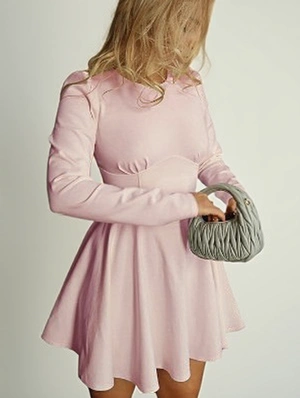 Solid Pleated A-line Long Sleeve Mini Dress
