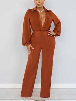 Plain Deep V Neck Lapel Shirt Fitted Jumpsuits