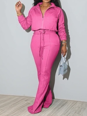 Plain Zipper Sweatshirt Casual Pant Sets