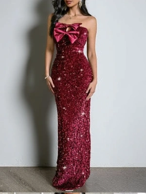 Sequin Bow Hollow-out Strapless Maxi Dress