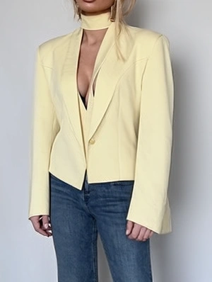 Plain Button Up V Neck Ribbons Blazers Coats