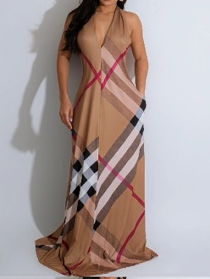 Plaid V Neck Halter Backless Swing Maxi Dress