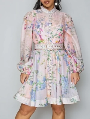 Disty Floral Long Sleeve Buckle Swing Midi Dress