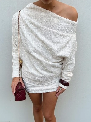 Solid Texture Inclined Shoulder Long Sleeve Mini Dress