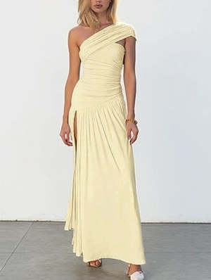 Inclined Shoulder Ruched Split Hem Maxi Dress
