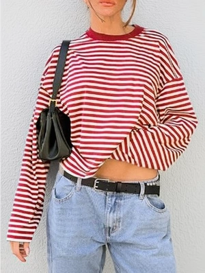 Loose Colorblock Striped Long Sleeve Tops