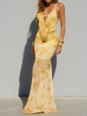 Striped Deep V Neck Backless Ruched Maxi Dress