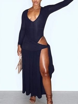 Sexy Hollow-out Tie-wrap Split Deep V Long Sleeve Dress