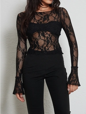 Sexy See Through Lace Patchwork Long Sleeve Blouses