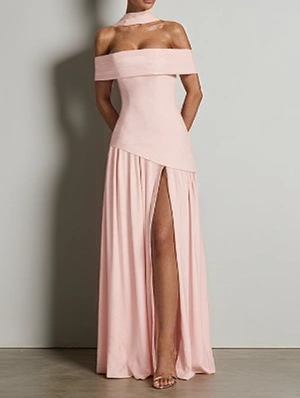 Off Shoulder Halter Ruched Split Hem Maxi Dress