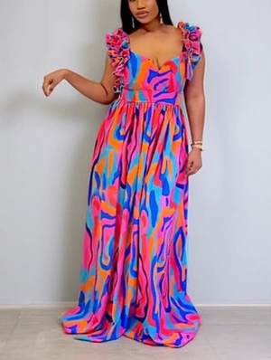 Colorblock Ruffle Backless A-line Maxi Dress