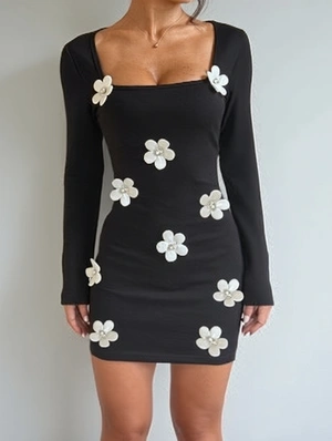 Flower Decor Square Neck Bodycon Mini Dress