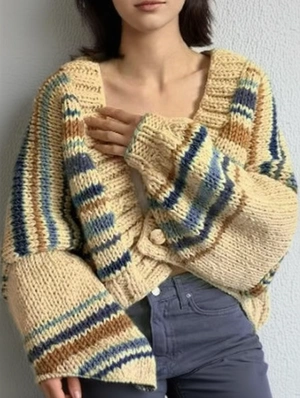 Colorblock Striped V Neck Knitted Cardigan