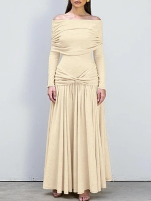 Ruched Off Shoulder A-line Ribbons Maxi Dress