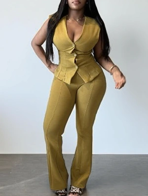 Plain V Neck Button Up Vest Fitted Pant Sets