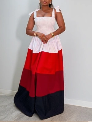 Colorblock A-line Sleeveless Tie-wrap Maxi Dress