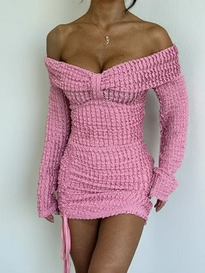 Solid Texture Drawstring Off Shoulder Long Sleeve Mini Dress