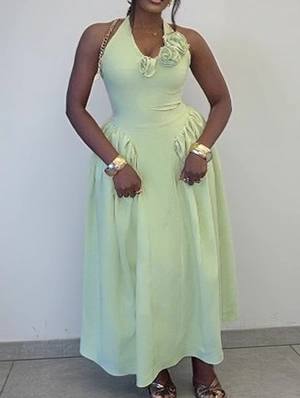 Flower Decor Halter V Neck Backless Maxi Dress