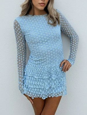 Solid Lace Patchwork Ruffles Long Sleeve Mini Dress