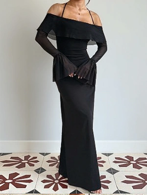 Elegant Ruffles Tie-wrap Off Shoulder Trumpet Sleeve Maxi Dress