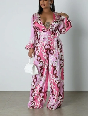 Abstract Printed Deep V Neck Waist Tie Jumpsuits