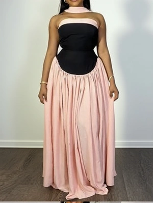 Colorblock Ruched Strapless Ribbons Maxi Dress